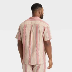 Men's Striped Linen-Blend Camp Shirt - Goodfellow & Co™ Beige/Pink